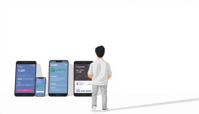 A modern and minimalist illustration of a person standing in front of a selection of mobile devices, representing the process of choosing a platform for investing. The figure is in the foreground, dressed in casual attire, thoughtfully considering the various options displayed on sleek, high-resolution screens. The background is a clean, neutral space, allowing the focal point to be the decision-making process. The lighting is soft and natural, creating a sense of calm and contemplation. The overall composition conveys the idea of carefully weighing options to find the best fit for one's financial goals, budget, and lifestyle.