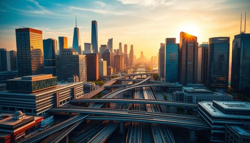 A modern city skyline with high-rise buildings, reflecting the dynamic growth of the UK real estate market. In the foreground, a series of ETF tickers and price charts, representing the diverse range of real estate investment options. The middle ground features a network of roads and transportation infrastructure, symbolizing the interconnected nature of the real estate sector. In the background, a warm, golden-hour lighting casts a sense of prosperity and opportunity. The overall composition conveys the scale, diversity, and potential of UK real estate ETFs as a high-yield investment opportunity.