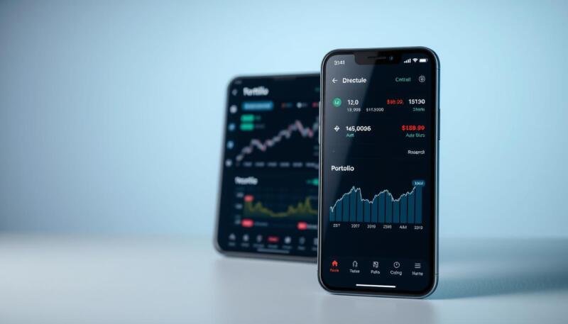 A modern, minimalist mobile app interface showcasing self-directed share dealing. The foreground features a sleek dashboard with live stock charts, trading buttons, and research tools. The middle ground depicts a user's portfolio, highlighting recent gains and losses. The background subtly blurs to create depth, with a sophisticated color palette of grays, blues, and subtle accents. Soft, directional lighting illuminates the screen, conveying a sense of control and focus. The overall composition suggests an intuitive, powerful app experience for hands-on investors.