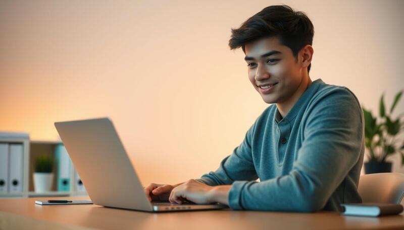 A modern, minimalist scene of a young adult student sitting at a desk, contemplating various auto insurance quote options on a laptop screen. The lighting is soft and warm, creating a serene and focused atmosphere. The background features a blurred, cozy office environment, with a potted plant and a few books visible, suggesting an educational or professional setting. The student's expression is pensive, with a slight smile, conveying the satisfaction of finding a suitable student discount for their auto insurance. The composition emphasizes the laptop screen, drawing the viewer's attention to the key "quote" aspect of the scene.