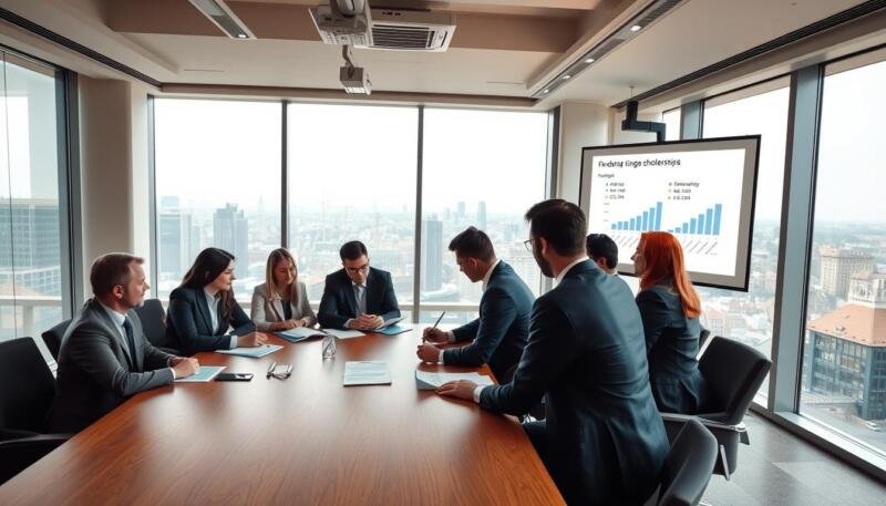 A modern, well-lit conference room with large windows overlooking a bustling city skyline. At the center, a group of business professionals in suits are gathered around a polished oak table, reviewing financial documents and discussing scholarship opportunities. The atmosphere is one of focused discussion and collaboration, with a sense of professionalism and optimism. In the background, a projection screen displays charts and graphs related to funding ranges for UK-based MBA programs. The lighting is a warm, natural mix of sunlight and strategically placed overhead fixtures, creating a balanced and inviting ambiance.