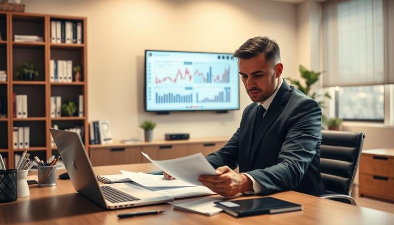 A modern, well-lit office setting with a desk, laptop, and various stationery items. In the foreground, a professional-looking person in a suit sitting at the desk, reviewing documents and taking notes. Behind them, a bookshelf filled with business-related books and a wall-mounted monitor displaying financial charts and graphs. The lighting is warm and creates a focused, serious atmosphere, with subtle shadows and highlights accentuating the subject's concentration. The overall scene conveys a sense of preparation and diligence for an upcoming finance interview.