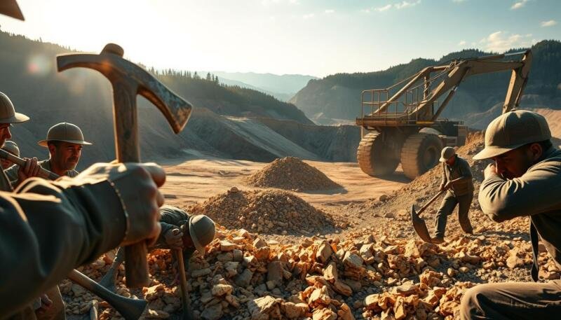 A rugged group of gold miners hard at work in a sprawling open-pit mine, under the warm glow of the afternoon sun. In the foreground, weathered hands clutch pickaxes and shovels, expertly chipping away at the shimmering deposits. In the middle ground, a large excavator looms, its bucket scooping up piles of earth and rock. In the background, rolling hills and dense forests frame the scene, creating a sense of isolation and adventure. The miners' faces are etched with determination, their movements fluid and practiced, as they uncover the precious metal that fuels economic growth.
