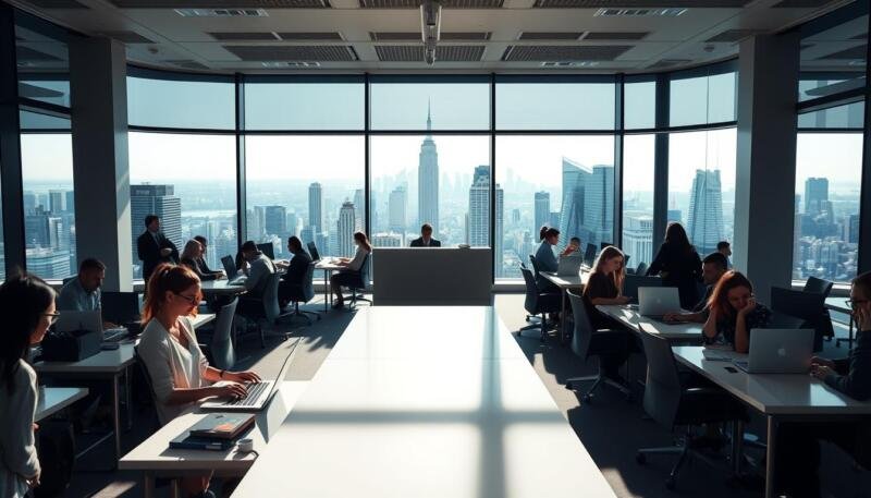 A serene corporate office setting with large windows overlooking a bustling city skyline. In the foreground, employees from diverse backgrounds collaborate at sleek desks, laptops open and phones in hand, representing the remote work culture of top hiring companies. The middle ground features a reception area with a modern, minimalist design and a prominently displayed company logo. The background showcases an expansive, sun-drenched open-plan workspace, where remote teams gather for brainstorming sessions and virtual meetings. The overall mood is one of productivity, innovation, and a progressive approach to the future of work.