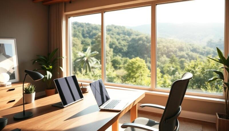A serene home office flooded with natural light, the large window offering a panoramic view of a lush, verdant landscape. The desk is uncluttered, with a sleek laptop and minimal decor, conveying a sense of focus and productivity. In the background, the room is accented with warm, earthy tones, creating a cozy and inviting atmosphere. A comfortable, ergonomic chair completes the setup, highlighting the comfort and flexibility of a fully remote work environment. The overall scene exudes a sense of calm, balance, and the freedom to work from anywhere, capturing the essence of "remote" in the modern workplace.