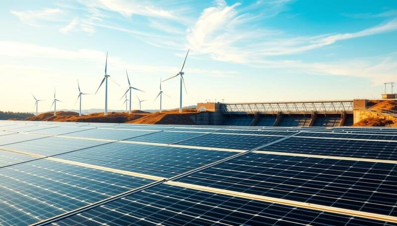 A serene panorama of a clean energy portfolio, bathed in warm afternoon light. In the foreground, sleek solar panels glisten, their sharp edges casting crisp shadows. Towering wind turbines stand tall in the middle ground, their graceful blades capturing the gentle breeze. In the distance, a hydroelectric dam emerges, its steel and concrete structure a testament to engineering prowess. The sky is a soft, azure hue, with wispy clouds drifting lazily overhead. The scene conveys a sense of harmony, where renewable energy sources coexist in perfect balance, powering a sustainable future.