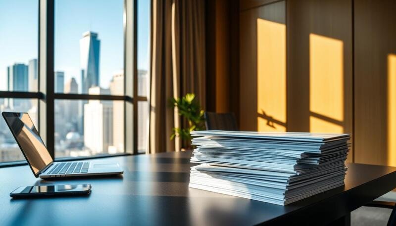 A serene, well-lit office setting featuring a sleek, modern desk with a laptop, mobile device, and a stack of neatly organized investment portfolios. In the background, a large window overlooking a cityscape with skyscrapers and a clear blue sky. The lighting is warm and natural, creating a professional and inviting atmosphere. The portfolios are presented in a clean, minimalist style, conveying a sense of stability, reliability, and ready-to-use financial solutions for the discerning investor.