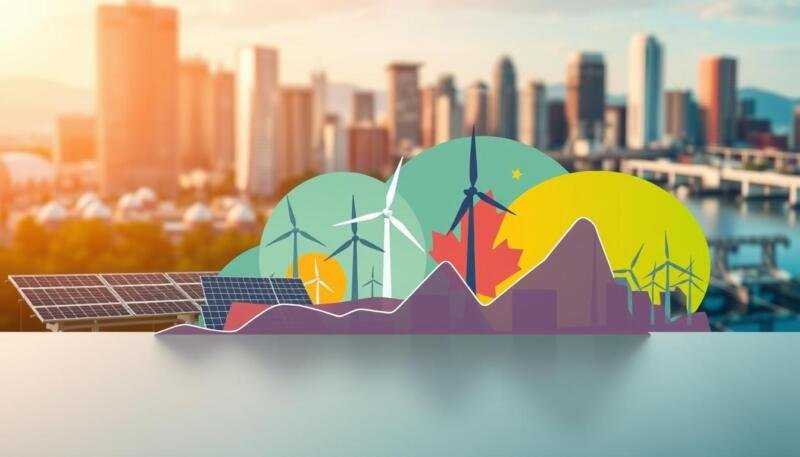 A sleek, modern composition showcasing a clean energy ETF against a backdrop of renewable energy sources. In the foreground, a crisp, minimalist graph or chart displays key performance metrics, with clean lines and a sophisticated color palette. The middle ground features abstract representations of solar panels, wind turbines, and hydroelectric dams, all rendered in vibrant, saturated hues to convey the dynamism of the clean energy sector. The background is a softly blurred cityscape, with towering skyscrapers and infrastructure suggestive of a thriving, sustainable urban environment. Balanced lighting casts a warm, optimistic glow over the entire scene, reflecting the promising future of Canada's renewable energy landscape.