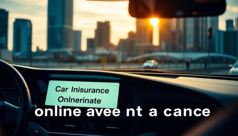 A sleek, modern sedan with a prominent "Car Insurance Online Savings" display on the dashboard, illuminated by warm, natural lighting filtering through the windshield. The vehicle is parked against a backdrop of a city skyline, showcasing the convenience and accessibility of digital insurance platforms. The overall composition emphasizes the effortless transition from traditional paperwork to seamless online transactions, capturing the essence of the "Provincial and territorial online savings at a glance" section.