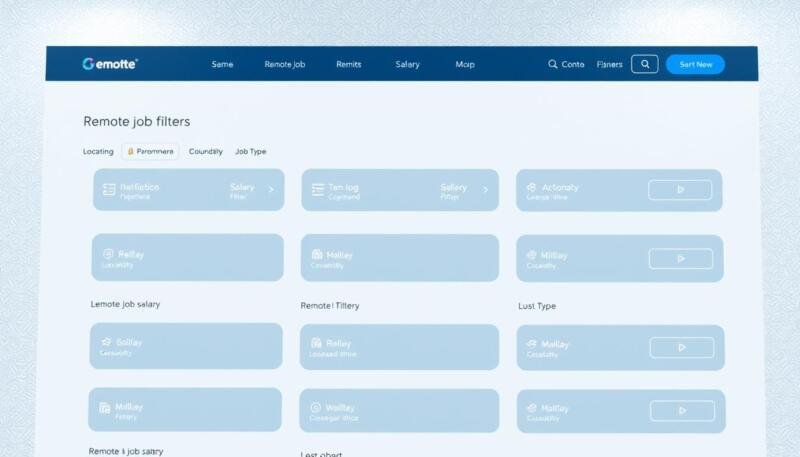 A sleek, modern web interface showcasing a variety of remote job filters, including options to sort by location, salary, job type, and more. The interface has a clean, minimalist design with intuitive icons and menus, allowing the user to easily navigate and refine their search. The background features a subtle pattern or texture, creating a professional and visually appealing atmosphere. Soft, diffused lighting illuminates the scene, highlighting the simplicity and functionality of the interface. The overall mood is one of efficiency, organization, and the empowerment of finding the right remote job opportunity.