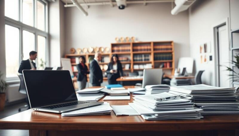 A spacious office interior, softly lit by natural light filtering through large windows. In the foreground, a wooden desk is covered in neatly organized documents, folders, and a laptop, representing the "selection criteria research review" process. The middle ground features a team of professionals engaged in thoughtful discussion, analyzing application materials and criteria. In the background, shelves of reference books and awards suggest an academic, scholarly atmosphere. The overall mood is one of focused, methodical evaluation, with a sense of diligence and care in the assessment of the applications.