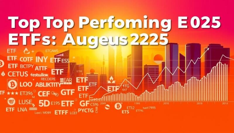 A vibrant, high-contrast image of the top-performing ETFs in August 2025. The foreground showcases a diverse selection of ETF tickers and symbols, rendered in a clean, minimalist style against a boldly colored background. The middle ground features dynamic sparklines and price charts, highlighting the remarkable growth trajectories of these standout funds. The background is a sleek, futuristic cityscape, bathed in warm, golden light, symbolizing the thriving financial landscape. The overall composition conveys a sense of energy, dynamism, and the promise of strong investment returns.