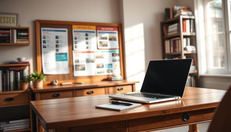 A warm and inviting directory of remote job opportunities for UK graduates, set against a backdrop of a cozy home office. In the foreground, a tasteful wooden desk with a laptop, pen, and notebook, bathed in soft, natural lighting. The middle ground features a bulletin board displaying vibrant job listings, while the background showcases a bookshelf filled with career-oriented literature. The overall atmosphere conveys a sense of productivity, exploration, and a welcoming embrace of the remote work lifestyle.