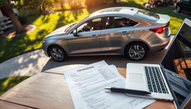 A well-lit, high-angle shot of a family's car parked in a suburban driveway. In the foreground, car insurance documents and a laptop are neatly arranged on a wooden table, hinting at the process of comparing policies and managing coverage. The car, a mid-sized sedan, gleams in the sunlight, its metallic finish reflecting the lush, green lawn and trees in the background. The scene conveys a sense of organization, responsibility, and the shared experience of navigating the complexities of auto insurance as a family.