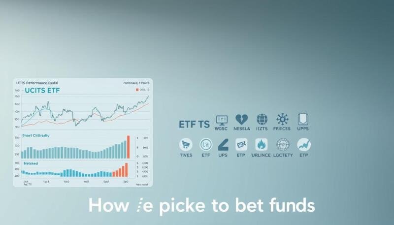 A well-organized and visually engaging stock chart displaying UCITS ETF performance data, set against a sleek, minimalist background. The foreground features a clean, modern data visualization with line graphs, bar charts, and other financial metrics. The middle ground showcases a series of ETF logos and symbols, expertly arranged to highlight the diversification of the selected funds. The background has a soft, muted color palette that creates a professional, institutional atmosphere. Careful attention to lighting and camera angle ensures the image conveys a sense of authority, clarity, and analytical rigor, perfectly suited to illustrate the "How we picked the best funds" section of the article.