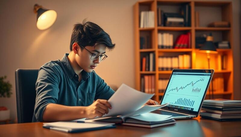 A young adult sitting at a desk, intently studying financial documents under warm, focused lighting. In the middle ground, a laptop displays charts and graphs, while a bookshelf filled with finance-related texts stands in the background. The scene exudes a sense of determination and intellectual curiosity, reflecting the drive to master the fundamentals of finance and stand out early in one's career.