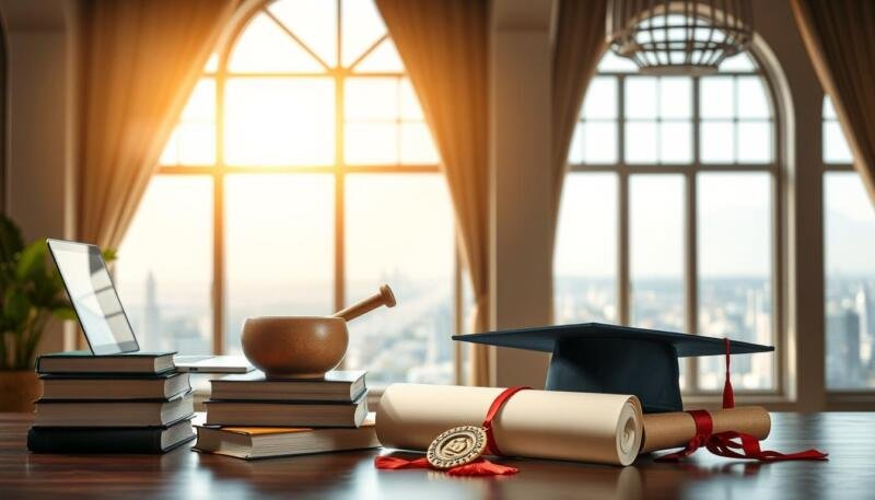 An elegant interior space, flooded with natural light from large windows. In the foreground, a stack of books, a laptop, and a mortar and pestle symbolize the academic pursuits. The middle ground features a diploma, a graduation cap, and a sparkling medal, representing the rewards of scholarly excellence. The background showcases a picturesque cityscape, hinting at the global opportunities that a graduate degree can unlock. The overall atmosphere conveys a sense of achievement, opportunity, and the transformative power of education.
