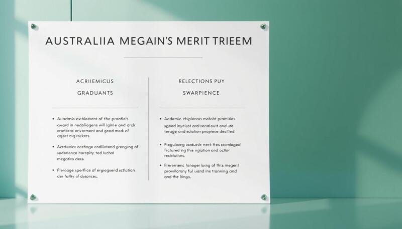 An elegantly designed poster showcasing the key eligibility criteria for a prestigious Australian graduate merit award program. The foreground features a sleek, minimalist layout with clean typography and well-spaced sections highlighting the core requirements, such as academic achievements, language proficiency, and relevant experience. The middle ground includes subtle geometric shapes or icons that visually reinforce the selection process. The background subtly incorporates soft, muted tones suggestive of the program's prestige and rigorous standards, conveying a sense of sophistication and gravity. Balanced lighting and a slightly elevated camera angle create a sense of authority and professionalism, making this an impactful visual aid for the article.