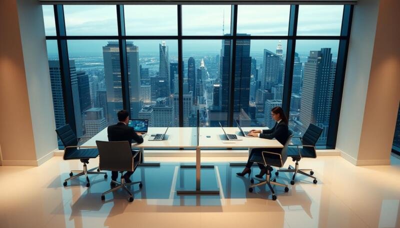 Elegant modern office interior with large panoramic windows overlooking a bustling city skyline. Sleek, minimalist desks and chairs in a spacious, open-concept layout. Three professionals, dressed in business attire, collaborating on high-tech laptops and tablets. Soft, indirect lighting creates a productive yet relaxed atmosphere. The scene conveys a sense of high-powered, well-compensated remote work in a desirable urban setting.