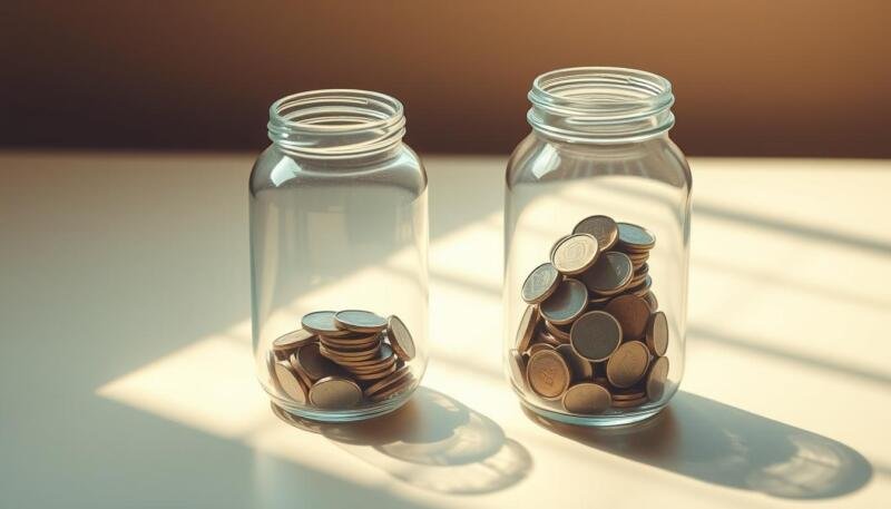 Intricate and precise illustration of a "Certificate Deposit vs Savings" financial concept. A detailed tabletop setup with two transparent glass jars filled with varying amounts of coins, representing the contrasting growth of a certificate deposit and a high-yield savings account. Soft, warm lighting casts dynamic shadows, creating depth and dimension. The jars are positioned on a clean, minimalist surface, allowing the visual contrast between the two financial instruments to take center stage. The overall scene conveys a sense of clarity, professionalism, and the importance of making informed financial decisions.