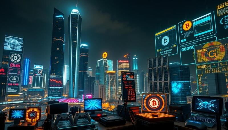 Prompt A sleek, futuristic cityscape at night, with towering skyscrapers and neon-lit holograms that project dynamic images of emerging technologies - from augmented reality interfaces to cryptocurrency trading platforms. In the foreground, a panoramic display showcases a diverse array of digital assets, from virtual reality headsets to blockchain-powered gaming consoles, all bathed in a cool, cyberpunk-inspired lighting. The scene conveys a sense of boundless innovation, technology's pervasive influence, and the rapid advancements shaping the Australian tech landscape.