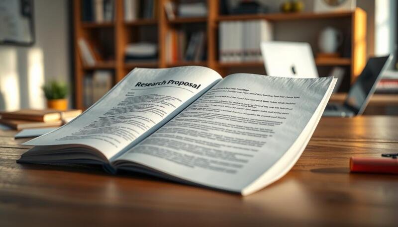a highly detailed, realistic, photographic image of a research proposal document on a wooden table, in natural lighting. The proposal is open, showing its title, sections, and bullet points. The table is well-lit, with a soft, warm glow illuminating the document. In the background, there is a blurred office setting, with bookshelves, a laptop, and office supplies visible. The overall mood is focused, scholarly, and professional, conveying the importance of the research proposal as a key component of a successful graduate scholarship application.