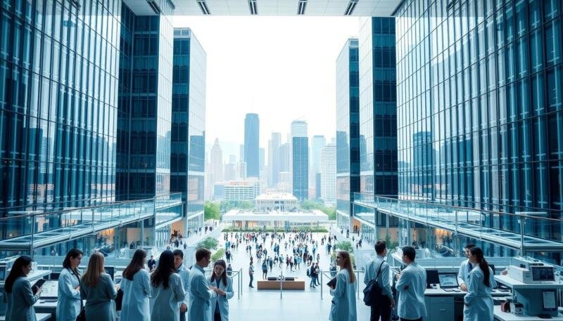 a large, modern research institution with a focus on science and technology, set against a backdrop of towering glass and steel buildings, with clean lines and sleek architectural details. The foreground features a group of researchers in lab coats and clipboards, engaged in animated discussion, surrounded by state-of-the-art equipment and workstations. The middle ground showcases a central atrium with a soaring, light-filled atrium, where students and faculty mingle and collaborate. The background is filled with a panoramic view of the city skyline, hinting at the institution's connections to the broader academic and industrial landscape. The lighting is bright and evenly distributed, creating a sense of productivity and innovation. The overall mood is one of focused, cutting-edge research in a dynamic, collaborative environment.