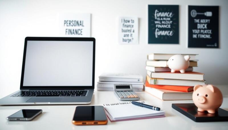 A clean, minimalist desktop setup with various essential finance resources and tools for students. In the foreground, a laptop, a smartphone, and a notepad with a pen, all arranged neatly. In the middle ground, a stack of books on personal finance, a calculator, and a piggy bank. The background features a clean, white wall with a few motivational finance-related quotes or illustrations. The lighting is soft and diffused, creating a warm, focused atmosphere. The composition is balanced and visually appealing, reflecting the topic of "finance basics for students: essential tools, programs, and resources". A clean, minimalist desktop setup with various essential finance resources and tools for students. In the foreground, a laptop, a smartphone, and a notepad with a pen, all arranged neatly. In the middle ground, a stack of books on personal finance, a calculator, and a piggy bank. The background features a clean, white wall with a few motivational finance-related quotes or illustrations. The lighting is soft and diffused, creating a warm, focused atmosphere. The composition is balanced and visually appealing, reflecting the topic of "finance basics for students: essential tools, programs, and resources".