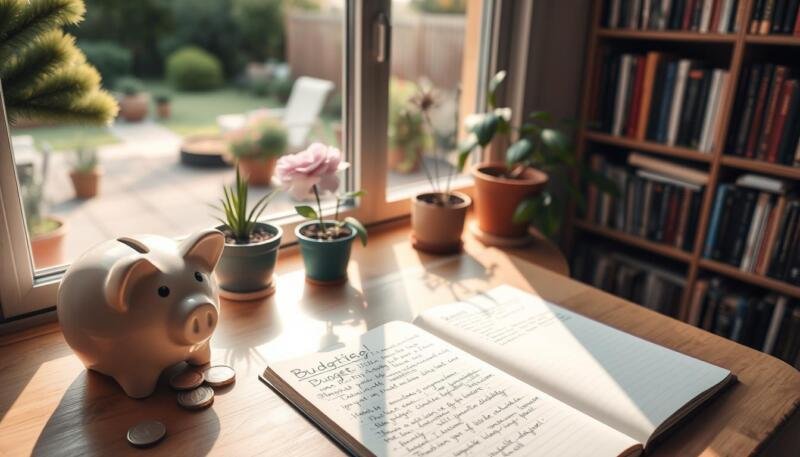 A cozy study nook overlooking a peaceful garden, with sunlight streaming through the window. On the desk, a piggy bank, a stack of coins, and a notebook with handwritten notes about budgeting. In the background, potted plants and a bookshelf filled with finance-related titles. The atmosphere is one of focus, discipline, and a sense of diligence in building a secure financial future. A cozy study nook overlooking a peaceful garden, with sunlight streaming through the window. On the desk, a piggy bank, a stack of coins, and a notebook with handwritten notes about budgeting. In the background, potted plants and a bookshelf filled with finance-related titles. The atmosphere is one of focus, discipline, and a sense of diligence in building a secure financial future.