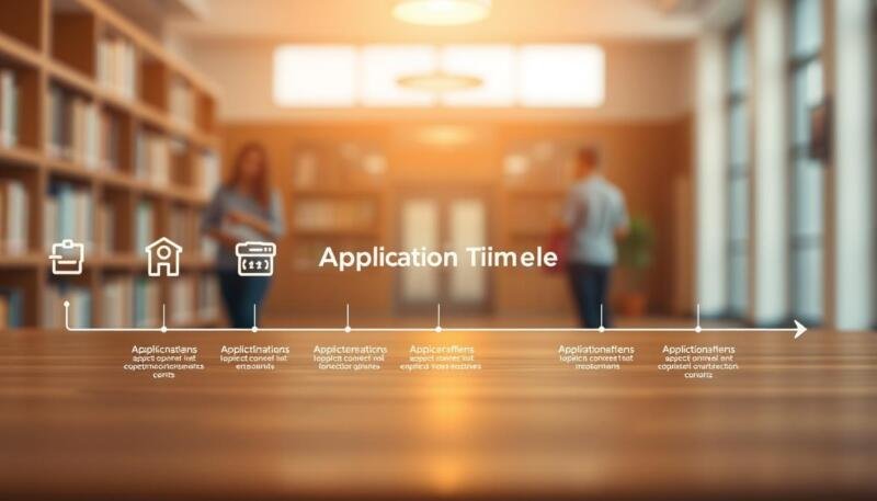 A neatly organized timeline unfolds against a backdrop of a softly blurred academic setting. In the foreground, distinct icons and shapes represent key application milestones, each with a subtle glow. The middle ground features a clean, minimalist layout with crisp, legible typography detailing the various stages of the application process. The overall atmosphere is one of focus, clarity, and a sense of progression, conveying the importance and structure of the application timeline. Warm, natural lighting casts a gentle ambiance, creating depth and drawing the viewer's attention to the central elements. The composition is balanced, allowing the timeline to stand out while maintaining a polished, professional aesthetic. A neatly organized timeline unfolds against a backdrop of a softly blurred academic setting. In the foreground, distinct icons and shapes represent key application milestones, each with a subtle glow. The middle ground features a clean, minimalist layout with crisp, legible typography detailing the various stages of the application process. The overall atmosphere is one of focus, clarity, and a sense of progression, conveying the importance and structure of the application timeline. Warm, natural lighting casts a gentle ambiance, creating depth and drawing the viewer's attention to the central elements. The composition is balanced, allowing the timeline to stand out while maintaining a polished, professional aesthetic.