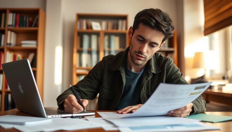A person sitting at a desk, intently filling out a loan application form. A laptop and papers are scattered on the desk, with a pen in hand. The room is well-lit, with warm, soft lighting from a nearby window, casting a cozy and focused atmosphere. The person's expression is one of determination and concentration, as they navigate the intricate process of applying for private student loans. In the background, a bookshelf or filing cabinet suggests an academic or professional setting, emphasizing the importance of this financial decision. The overall scene conveys the gravity and careful consideration involved in securing additional funding for one's education. A person sitting at a desk, intently filling out a loan application form. A laptop and papers are scattered on the desk, with a pen in hand. The room is well-lit, with warm, soft lighting from a nearby window, casting a cozy and focused atmosphere. The person's expression is one of determination and concentration, as they navigate the intricate process of applying for private student loans. In the background, a bookshelf or filing cabinet suggests an academic or professional setting, emphasizing the importance of this financial decision. The overall scene conveys the gravity and careful consideration involved in securing additional funding for one's education.