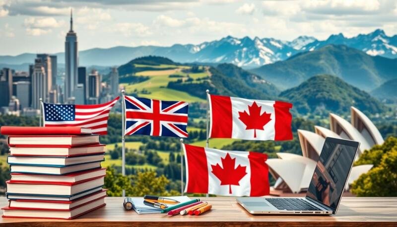 A serene panorama showcasing scholarships from four major countries - USA, UK, Canada, and Australia. In the foreground, a stack of textbooks, a laptop, and an assortment of stationery items symbolize the academic pursuit. In the middle ground, four distinct flags representing the nations flap gently in a soft breeze, casting a warm, welcoming glow. The background features picturesque landscapes unique to each country, such as the towering skyscrapers of New York, the rolling green hills of the English countryside, the majestic Rocky Mountains of Canada, and the iconic Sydney Opera House. The overall scene conveys a sense of global educational opportunities, inviting the viewer to explore the diverse scholarship options available around the world. A serene panorama showcasing scholarships from four major countries - USA, UK, Canada, and Australia. In the foreground, a stack of textbooks, a laptop, and an assortment of stationery items symbolize the academic pursuit. In the middle ground, four distinct flags representing the nations flap gently in a soft breeze, casting a warm, welcoming glow. The background features picturesque landscapes unique to each country, such as the towering skyscrapers of New York, the rolling green hills of the English countryside, the majestic Rocky Mountains of Canada, and the iconic Sydney Opera House. The overall scene conveys a sense of global educational opportunities, inviting the viewer to explore the diverse scholarship options available around the world.
